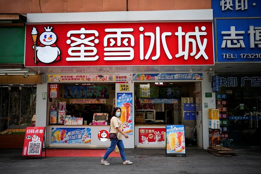 The sign of Mixue Ice Cream & Tea is seen at its shop in Shanghai, China, on 10 August 2023. (Aly Song/Reuters)