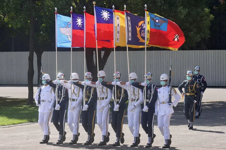 Taiwan honour guards perform during a Double Tenth Day rehearsal in Taipei, Taiwan, 5 October 2021. (Ann Wang/Reuters)