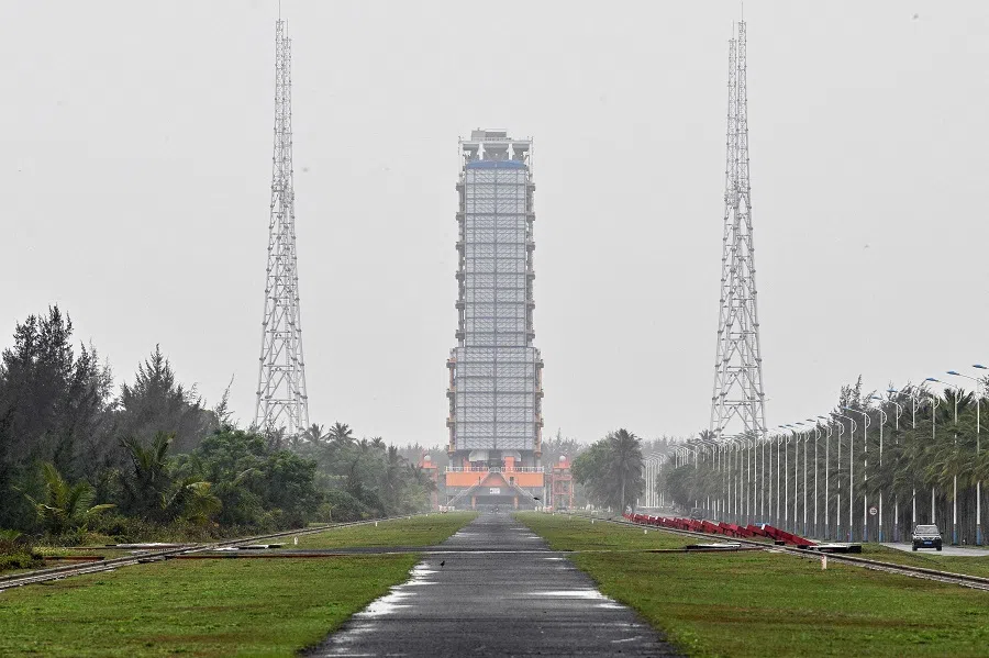 A general view shows the launch platform for the Chang’e-6 mission of the China Lunar Exploration Programme at the Wenchang Space Launch centre in southern China’s Hainan province on 2 May 2024.  (Hector Retamal/AFP)