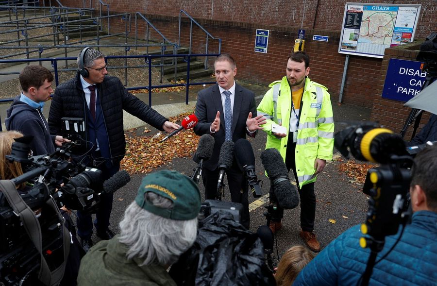 Detective Inspector Martin Pasmore of Essex police speaks to the news media at Grays police station on October 26, 2019, regarding the deaths of 39 immigrants who were found inside a lorry at Essex, Britain. (REUTERS/Peter Nicholls)