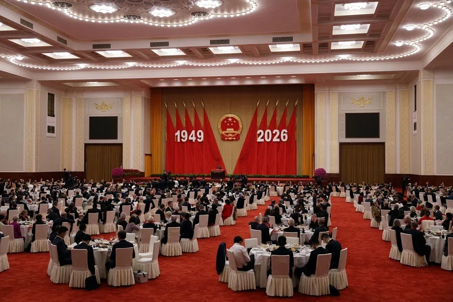 Attendants listen to Chinese President Xi Jinping's speech at the National Day reception on the eve of the 77th founding anniversary of the People's Republic of China, at the Great Hall of the People in Beijing, China, on 30 September 2026.
