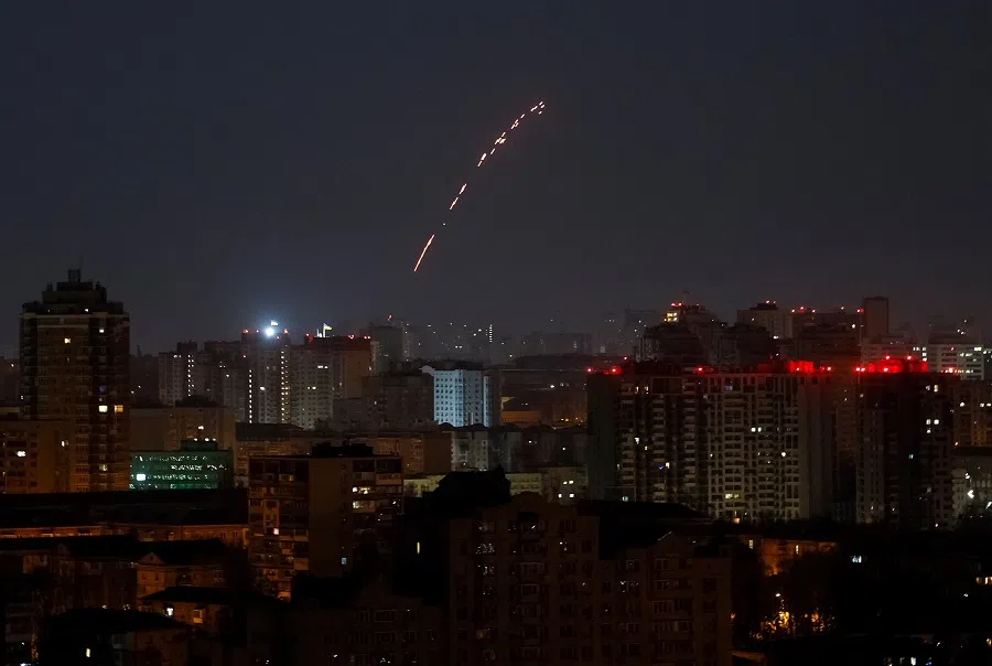 Tracers are seen in the night sky as Ukrainian servicemen fire at the drone during a Russian drone strike, amid Russia’s attack on Ukraine, in Kyiv, Ukraine on 10 March 2025. (Gleb Garanich/Reuters)