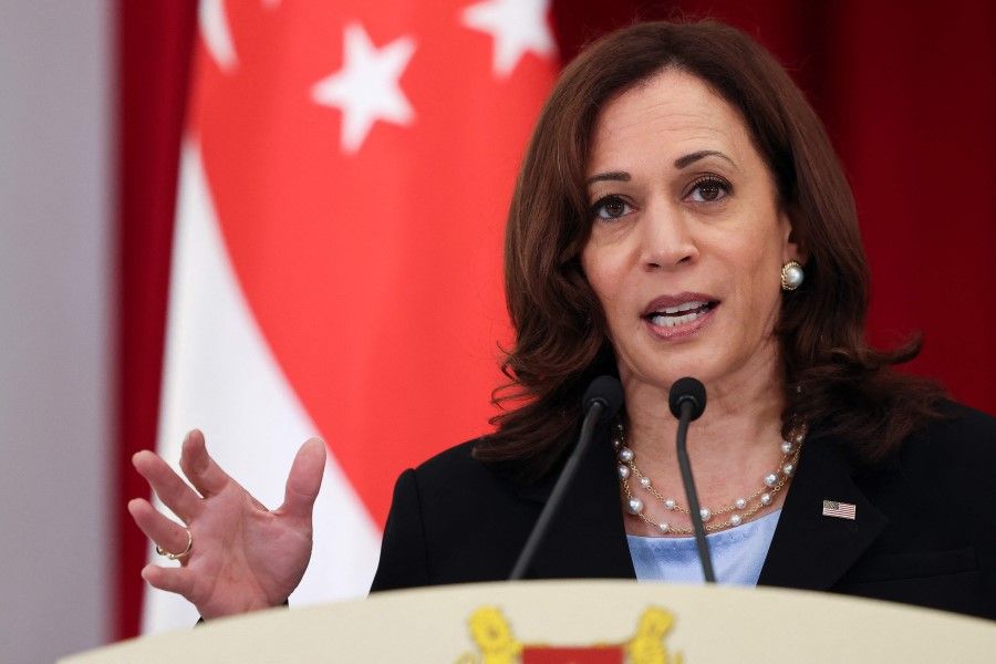 US Vice-President Kamala Harris speaks during a joint news conference with Singapore's Prime Minister Lee Hsien Loong in Singapore on 23 August 2021. (Evelyn Hockstein/AFP)