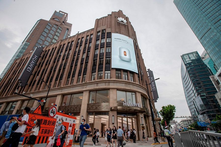 This photo taken on 23 June 2020 shows a Huawei global flagship store ahead of its opening in Shanghai. (STR/AFP)