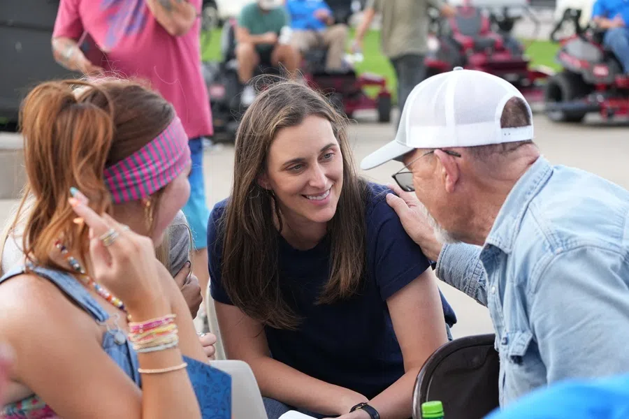 Democratic US Senate candidate Hallie Shoffner, a sixth-generation farmer, attends a revival as she campaigns in Paragould, Arkansas, US, 31 May 2026.
