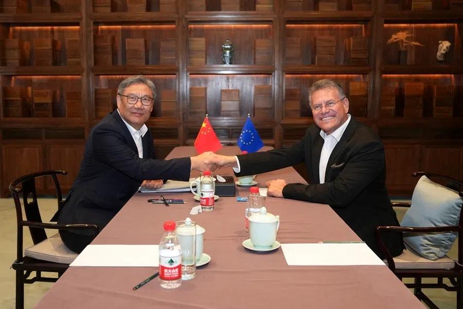 European Commissioner for Trade Maros Sefcovic meets Chinese Commerce Minister Wang Wentao for trade negotiations in Beijing, China, on 8 October 2026.