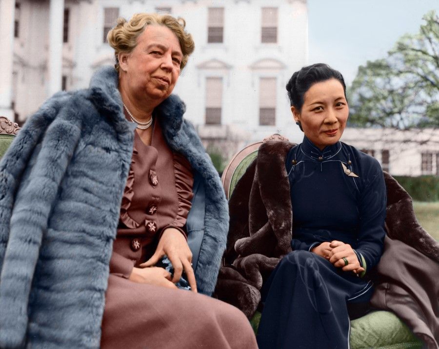 US First Lady Eleanor Roosevelt and Soong Mei-ling (Madame Chiang) on the South Lawn of the White House during an interview with journalists, February 1943. Madame Chiang's visit to the US marked a climax in China and the US fighting together.