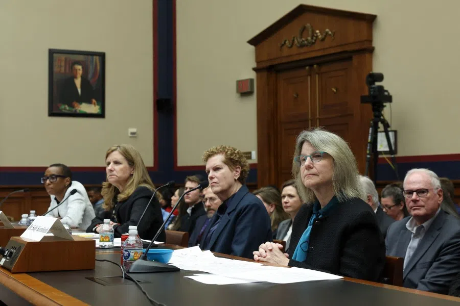 (Left to right) Dr Claudine Gay, president of Harvard University; Liz Magill, president of University of Pennsylvania: Dr Pamela Nadell, professor of history and Jewish studies at American University: and Dr Sally Kornbluth, president of Massachusetts Institute of Technology, testify before the House Education and Workforce Committee at the Rayburn House Office Building on 5 December 2023 in Washington, DC. The Committee held a hearing to investigate antisemitism on college campuses. (Kevin Dietsch/AFP)