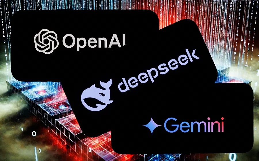The logos of OpenAI, DeepSeek and Google Gemini artificial intelligence apps on mobile phones, arranged in Riga, Latvia, on 29 January 2025. (Andrey Rudakov/Bloomberg)