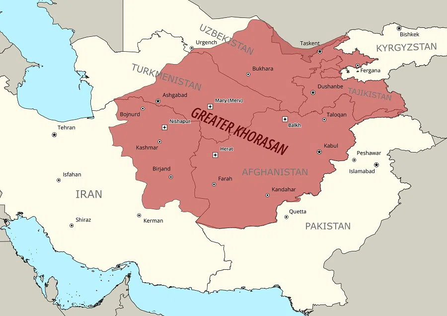 Map depicting the maximum extent of “Khurasan” or “Khorasan”. The historical cities of Nishapur, Merv, Herat and Balkh are highlighted. They were the centres of the four quarters into which the region was subdivided. (Wikimedia)