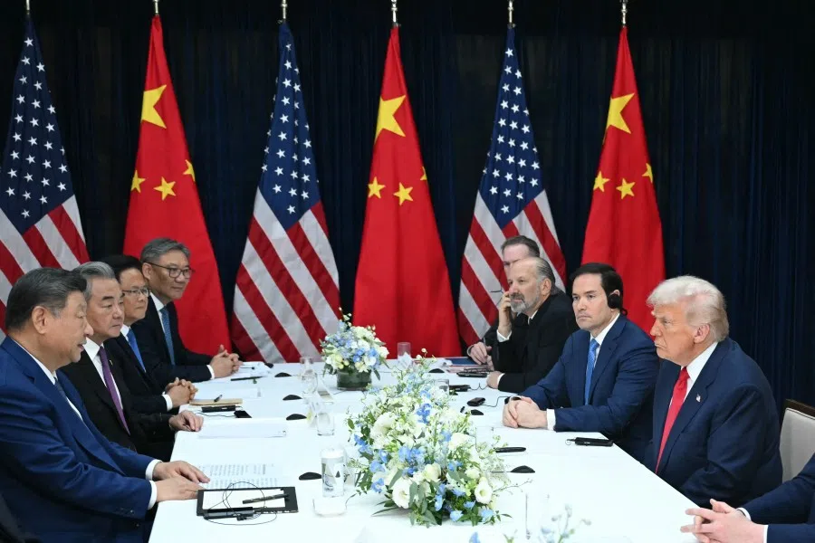 US President Donald Trump (right) and China’s President Xi Jinping (left) hold talks at the Gimhae Air Base, located next to the Gimhae International Airport in Busan on 30 October 2025.