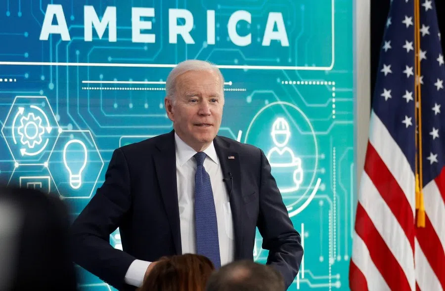 US President Joe Biden speaks as he and Commerce Secretary Gina Raimondo (not pictured) hold a virtual meeting with business leaders and state governors to discuss supply chain problems, particularly addressing semiconductor chips, on the White House campus in Washington, US, 9 March 2022. (Jonathan Ernst/Reuters)