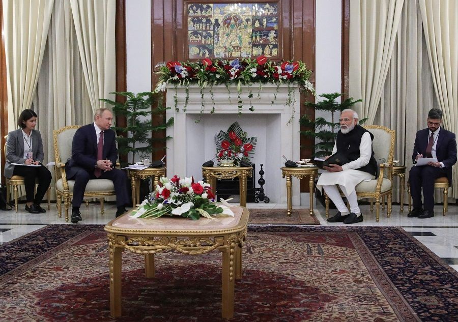 Russian President Vladimir Putin and India's Prime Minister Narendra Modi hold a meeting at Hyderabad House in New Delhi, India, on 6 December 2021. (Mikhail Klimentyev/AFP)
