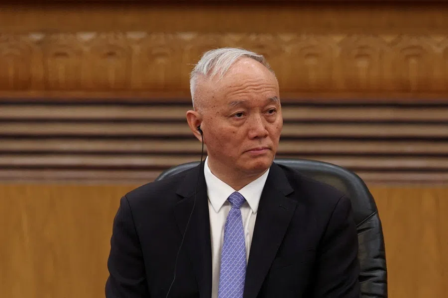 Chinese Politburo Standing Committee member Cai Qi attends a meeting with global business leaders at the Great Hall of the People in Beijing, China, on 28 March 2025.