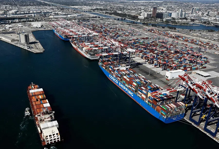 An aerial view of the Port Of Long Beach on 3 April 2025, in Long Beach, California. The Port of Los Angeles and neighboring Port of Long Beach form the country’s busiest container port complex. US President Donald Trump declared a US economic emergency and announced sweeping tariffs of at least 10%, with rates even higher for 60 countries that have a high trade deficit with the US. (Mario Tama/Getty Images/AFP)