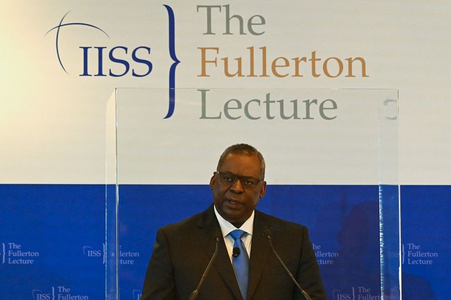 US Secretary of Defense Lloyd Austin speaks during the 40th International Institute for Strategic Studies (IISS) Fullerton Lecture in Singapore on 27 July 2021. (Roslan Rahman/AFP)