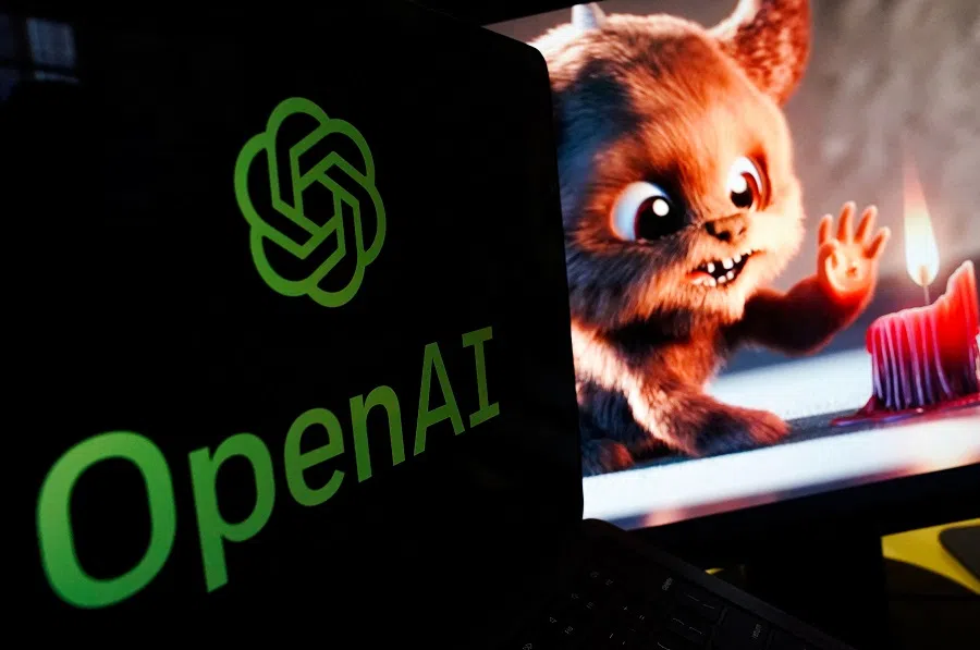 In this photo illustration, a video created by OpenAI's text-to-video Sora tool plays on a monitor in Washington, DC, on 16 February 2024. (Drew Angerer/AFP)