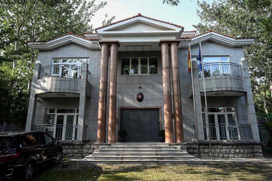 The Lithuanian Embassy in Beijing on 10 August 2021, as China demanded Lithuania to recall its envoy to Beijing. (Jade Gao/AFP)