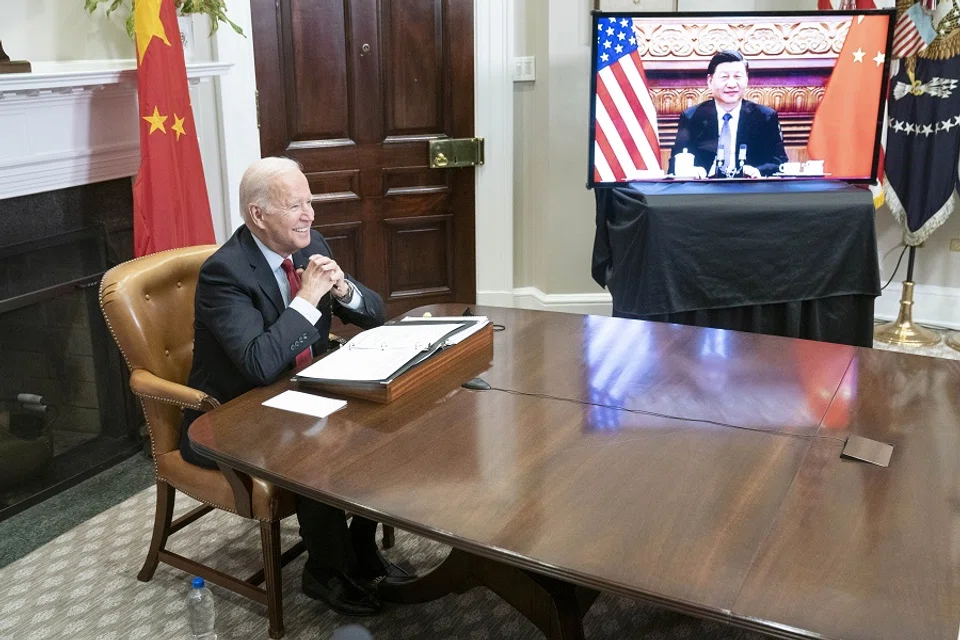 US President Joe Biden reacts while meeting virtually with Xi Jinping, China's president, in the Roosevelt Room of the White House in Washington, DC, US, on 15 November 2021. (Sarah Silbiger/UPI/Bloomberg)