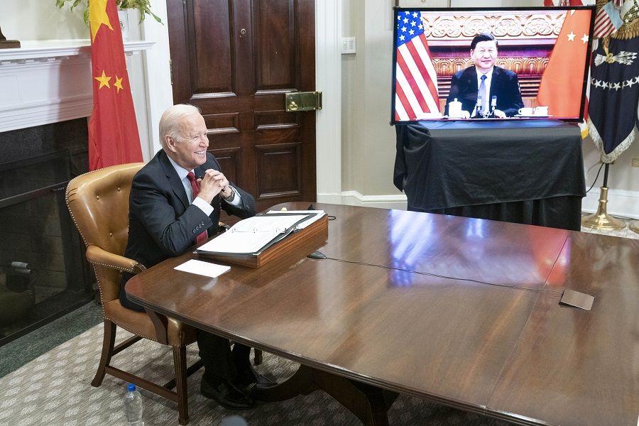 US President Joe Biden reacts while meeting virtually with Xi Jinping, China's president, in the Roosevelt Room of the White House in Washington, DC, US, on 15 November 2021. (Sarah Silbiger/UPI/Bloomberg)