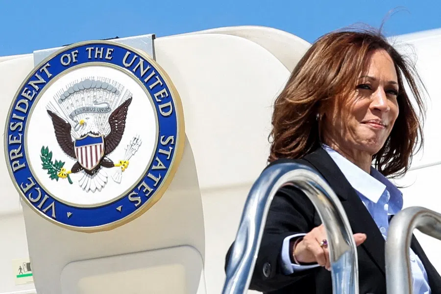 Democratic presidential nominee and US Vice-President Kamala Harris boards Air Force 2 for departure at Detroit Metropolitan Wayne County Airport, in Detroit, Michigan, US, on 2 September 2024.  (Brendan McDermid/Reuters)