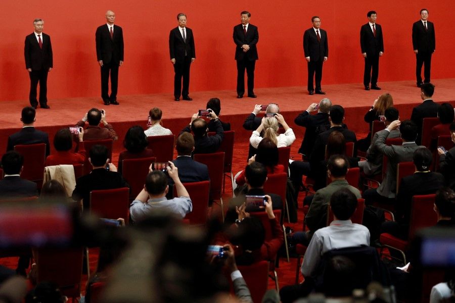 The new Politburo Standing Committee meet the media following the 20th National Congress of the Communist Party of China, at the Great Hall of the People in Beijing, China, 23 October 2022. (Tingshu Wang/Reuters)