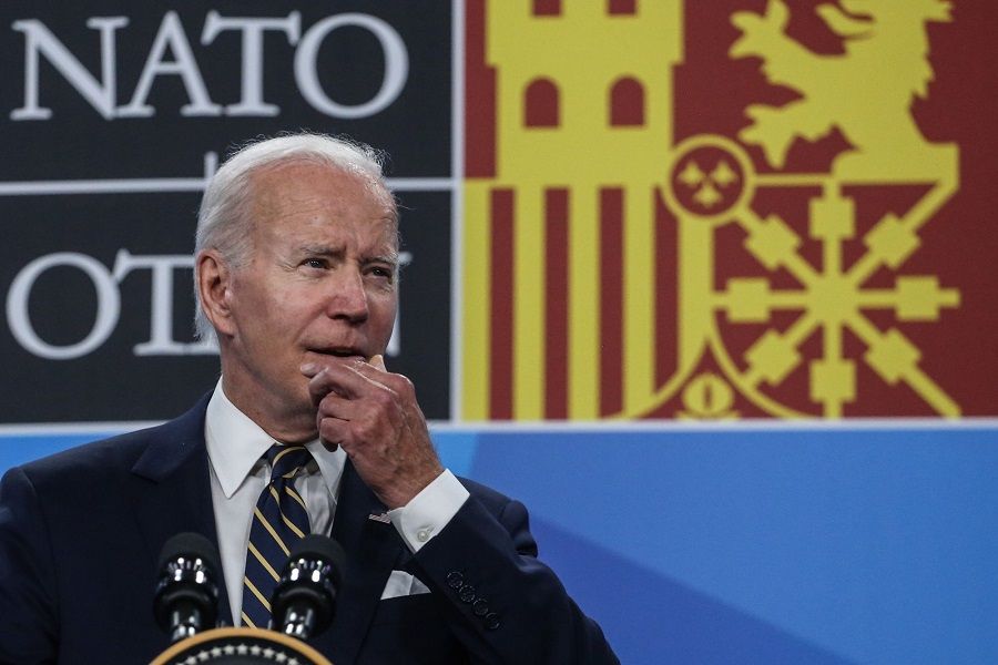 US President Joe Biden during a news conference following the final day of the North Atlantic Treaty Organization (NATO) summit at the IFEMA congress center in Madrid, Spain, on 30 June 2022. (Valeria Mongelli/Bloomberg)