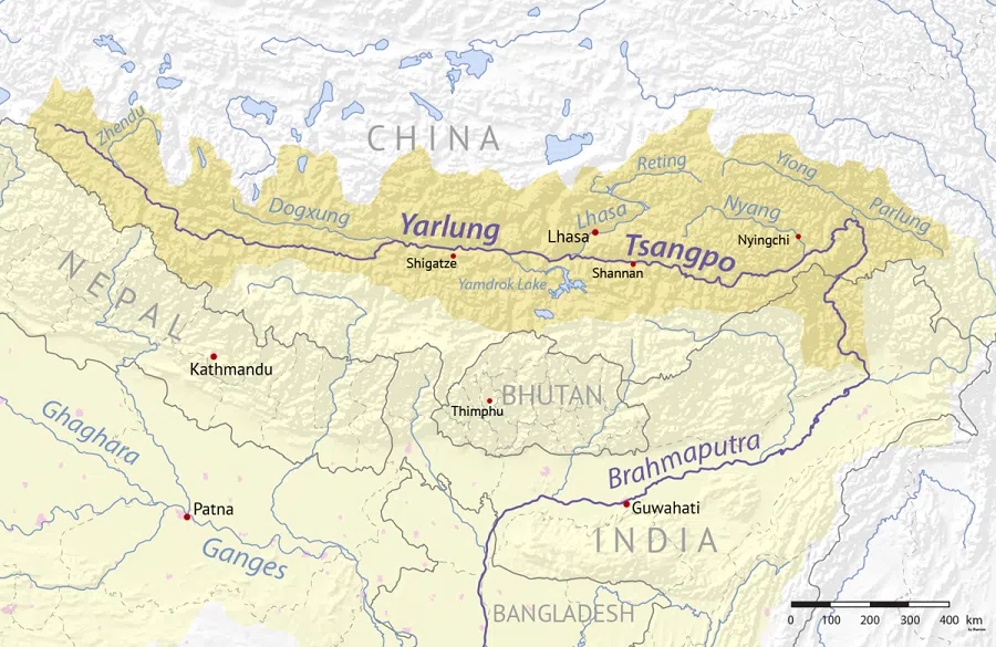 A map of the Yarlung Zangbo river, also known as the Brahmaputra river. (Map: Shannon1/Licensed under CC BY-SA 4.0)