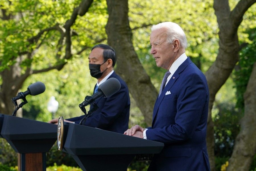 US President Joe Biden and Japan's Prime Minister Yoshihide Suga take part in a joint press conference in the Rose Garden of the White House in Washington, DC on 16 April 2021. (Mandel Ngan/AFP)