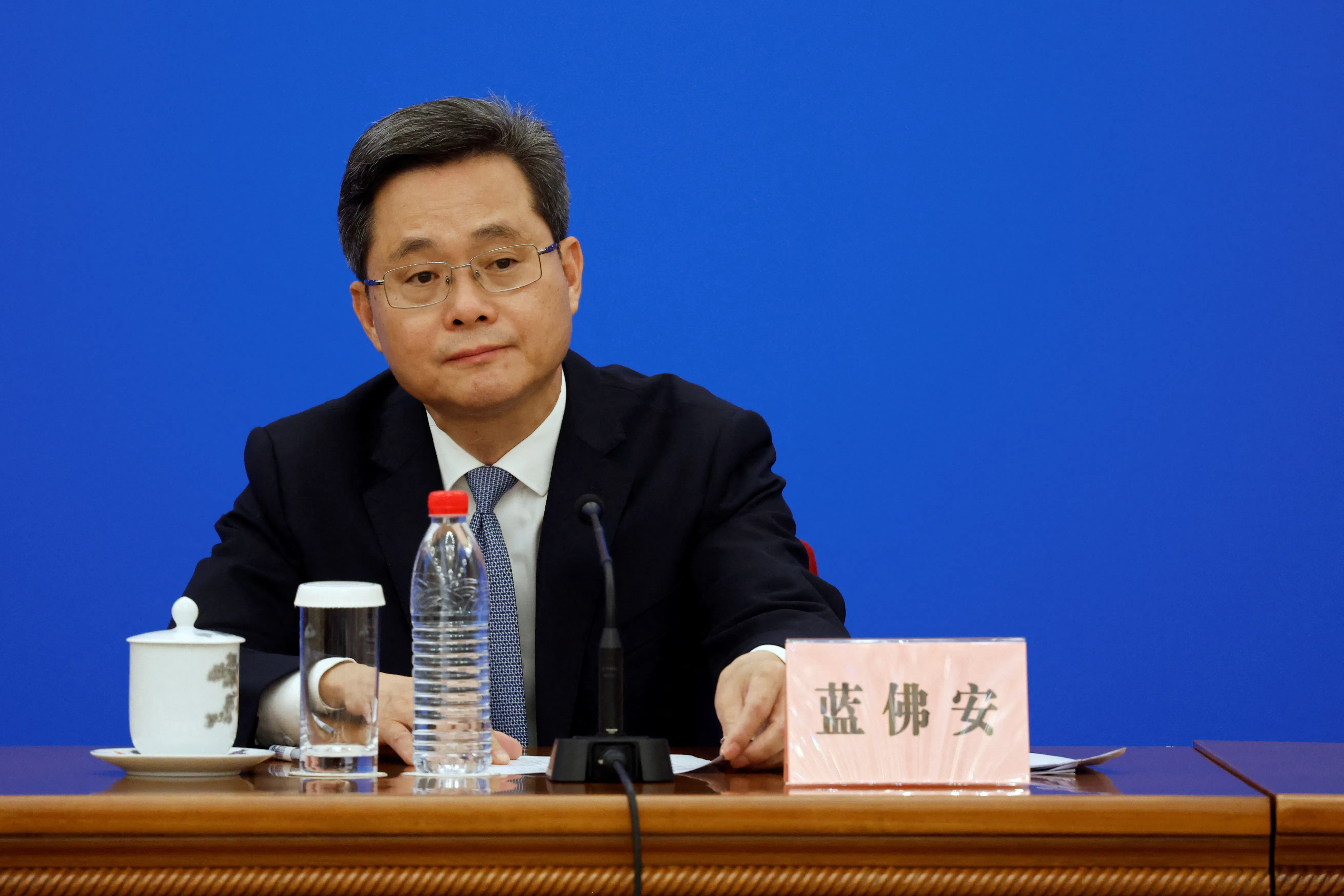 Chinese Finance Minister Lan Foan attends a press conference on 8 November 2024 at the Great Hall of the People in Beijing, China. (Josh Arslan/Reuters)