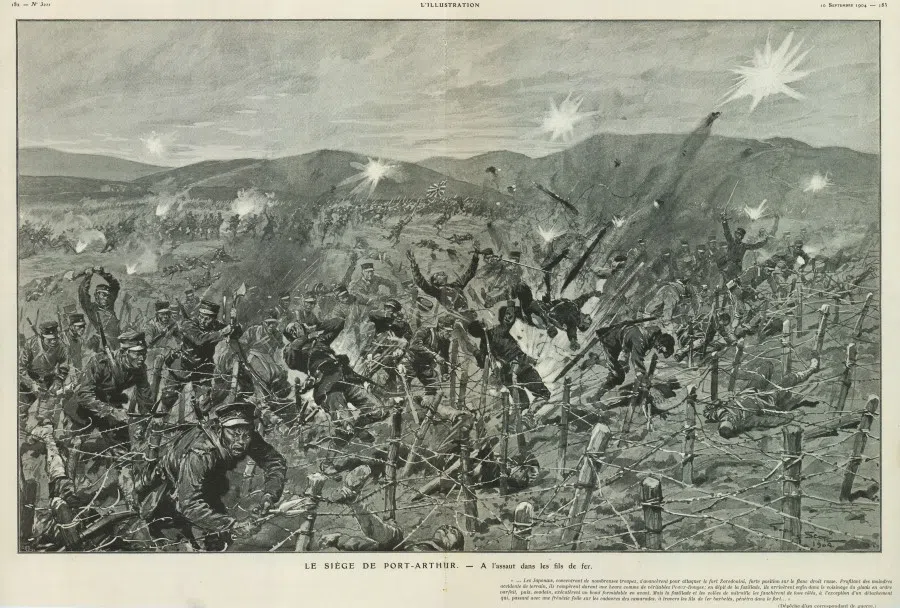 The fortifications at Port Arthur were strong, and with the geography favouring defence, the Japanese paid a heavy price when they attacked. In the photo, the few Japanese soldiers who managed to make it past the guns and cannons and reach the wire fence below the battery get out their wire cutters and axes to try and break through, but the Russians do not let up on their bombardment. The cannons and bullets land among those in the front, blowing the Japanese into the air and into the barbed wire. But despite the heavy losses, the Japanese troops keep rushing forward with a fearlessness unimaginable to the Russians. One Russian commander recalled: "After the signal was given, a fresh wave came. They no longer looked human, but like mad beasts. Our firing had no effect, as the human wave kept rolling forward."