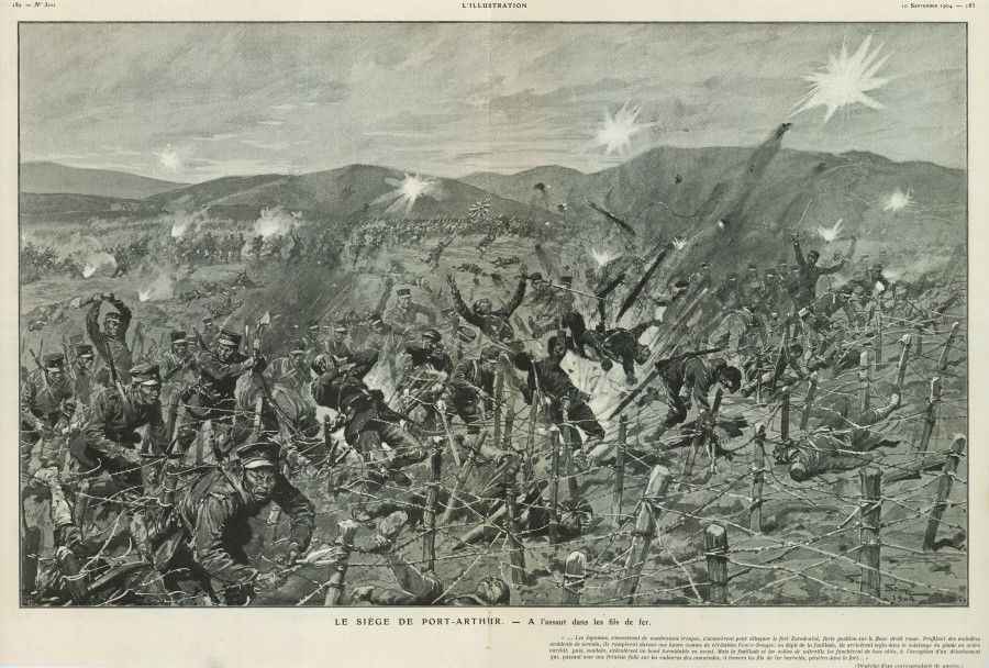 The fortifications at Port Arthur were strong, and with the geography favouring defence, the Japanese paid a heavy price when they attacked. In the photo, the few Japanese soldiers who managed to make it past the guns and cannons and reach the wire fence below the battery get out their wire cutters and axes to try and break through, but the Russians do not let up on their bombardment. The cannons and bullets land among those in the front, blowing the Japanese into the air and into the barbed wire. But despite the heavy losses, the Japanese troops keep rushing forward with a fearlessness unimaginable to the Russians. One Russian commander recalled: "After the signal was given, a fresh wave came. They no longer looked human, but like mad beasts. Our firing had no effect, as the human wave kept rolling forward."