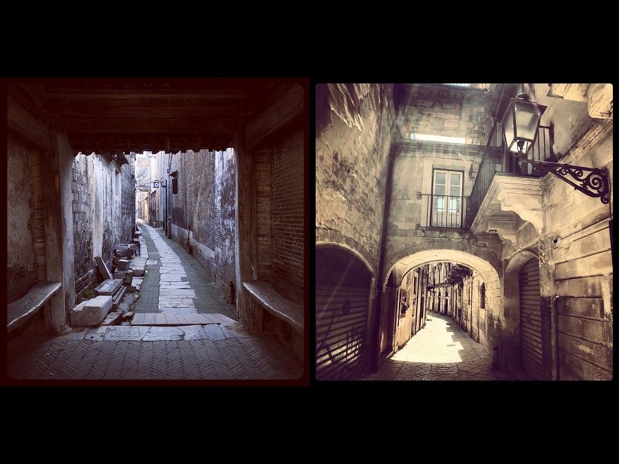 Xishan, Jiangsu in China (left) and Modica, Sicily in Italy (right).