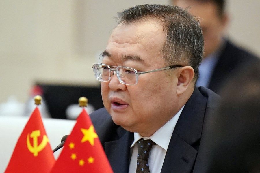 Liu Jianchao, head of the International Liaison Department of the Chinese Communist Party, holds a meeting with president of Komeito Natsuo Yamaguchi in Beijing, China, on 22 November 2023. Liu is said to be a top pick for the post of China's next foreign minister. (Yomiuri via Reuters)