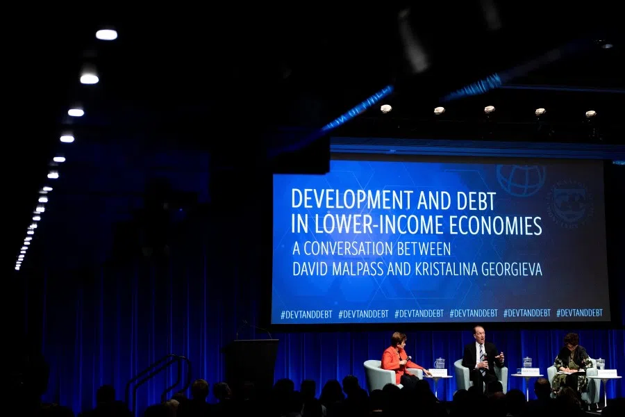 World Bank Group President David Malpass (right) with International Monetary Fund Managing Director Kristalina Georgieva at an event at the World Bank February 10, 2020, in Washington, DC. (Brendan Smialowski / AFP)