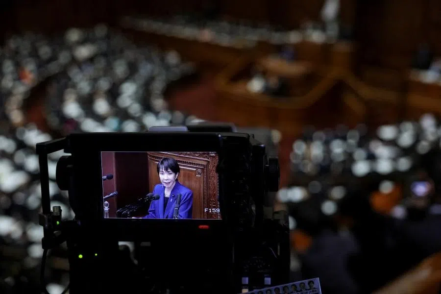 The viewfinder of a camera shows Japan’s new Prime Minister Sanae Takaichi as she delivers her first policy speech in the parliament, in Tokyo, Japan, on 24 October 2025. (Kim Kyung-Hoon/Reuters)