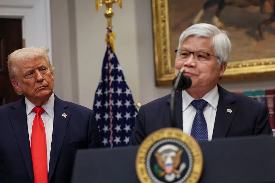 US President Donald Trump listens to CC Wei, chairman and CEO of TSMC, as they make an announcement about an investment from TSMC, in the Roosevelt Room at the White House in Washington, DC, US, on 3 March 2025. (Leah Millis/Reuters)