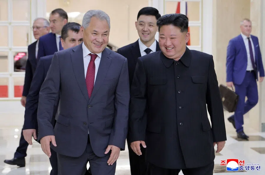 This picture taken on 17 June 2025 and released from North Korea’s official Korean Central News Agency (KCNA) via KNS on 18 June 2025 shows North Korea’s leader Kim Jong Un (right) meeting with Russian Security Council Secretary Sergei Shoigu (left) at the headquarters of the Central Committee of the Workers’ Party of Korea in Pyongyang. (KCNA via KNS/AFP)