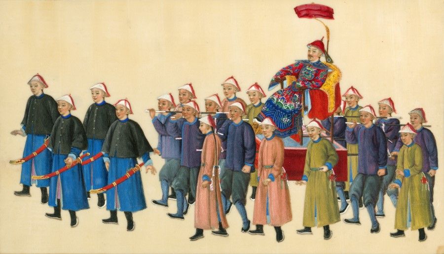 A 19th century Chinese pith painting for export sale, showing the grandeur of a Qing dynasty official on tour.