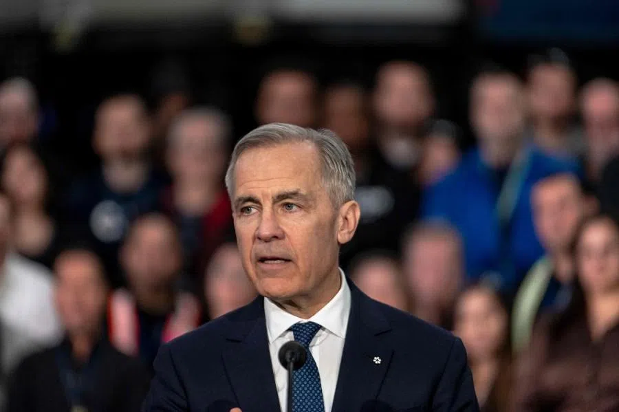 Canadian Prime Minister Mark Carney makes an announcement on new measures to strengthen security, create prosperity and reinforce strategic autonomy at Canadian Aviation Electronics (CAE), a flight simulation company, in Montreal, Quebec, Canada, on 17 February 2026. (Andrej Ivanov/AFP)