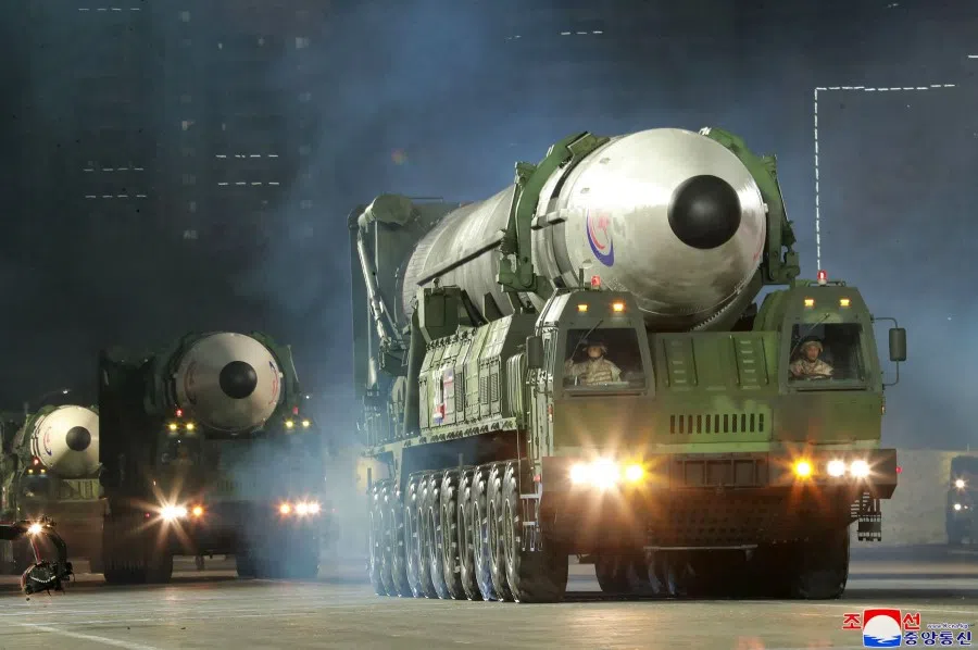 In this file picture taken on 25 April 2022 and released by North Korea's official Korean Central News Agency (KCNA) on 26 April, Hwasong-17 intercontinental ballistic missiles (ICBM) are displayed during a military parade to celebrate the 90th anniversary of the founding of the Korean People's Revolutionary Army at Kim Il Sung Square in Pyongyang. (KCNA via KNS/AFP)