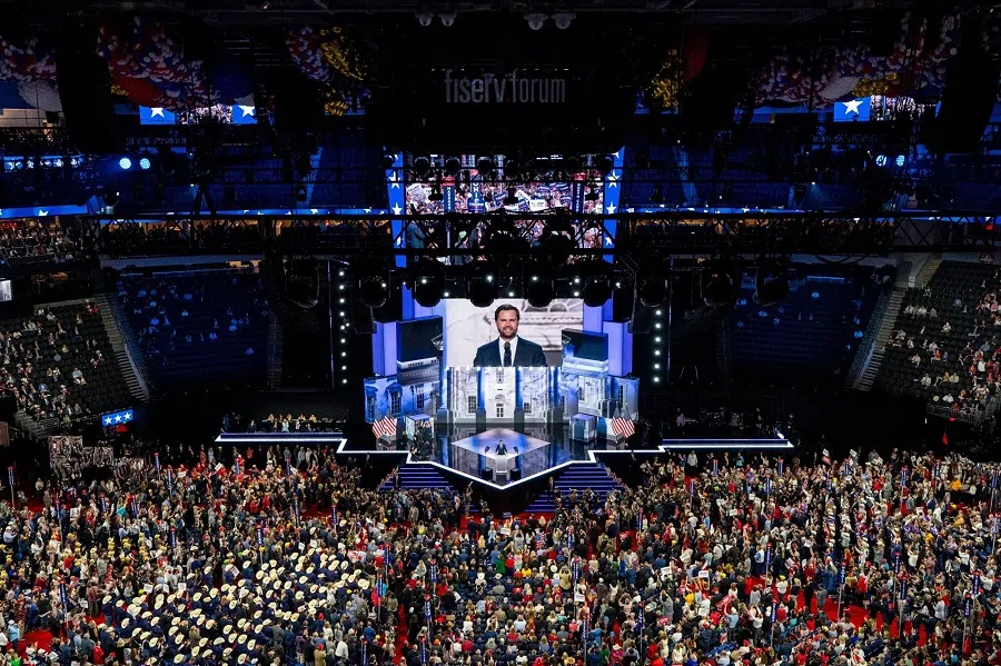Senator JD Vance, the Republican vice-presidential nominee, speaks during the Republican National Convention (RNC) at the Fiserv Forum in Milwaukee, Wisconsin, US, on 17 July 2024. (Al Drago/Bloomberg)