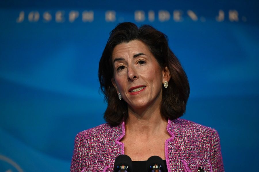 In this file photo taken on 8 January 2021, Rhode Island Governor Gina Raimondo, nominee for Secretary of Commerce, speaks after being nominated by then-US President-elect Joe Biden at The Queen theater in Wilmington, Delaware, US. (Jim Watson/AFP)