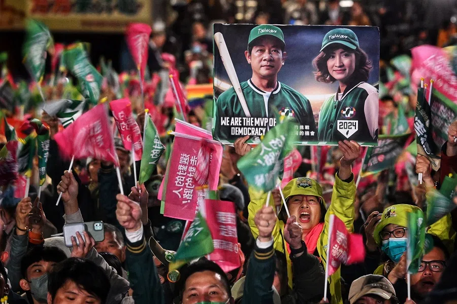 A poster depicting Taiwan’s president Lai Ching-te and vice president Hsiao Bi-khim in baseball jackets, their campaign uniform.    (SPH Media)