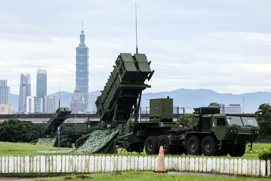An Air Force Patriot missile system is deployed at a park during Taiwan’s annual Han Kuang military exercise in Taipei on 11 July 2025.