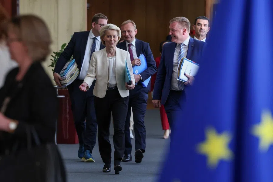 European Commission President Ursula von der Leyen and budget commissioner for the European Union Piotr Serafin arrive for the meeting of the college of European Commissioners discussing the EU’s next seven-year budget in Brussels, Belgium, on 16 July 2025. (Yves Herman/Reuters)