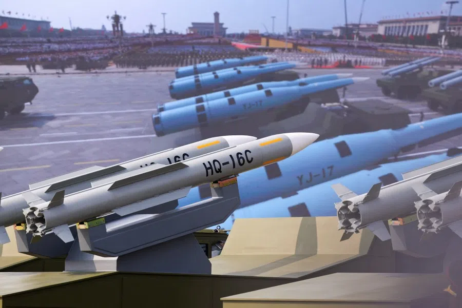 HQ-16C missiles are displayed during a military parade to mark the 80th anniversary of the end of World War II, in Beijing, China, on 3 September 2025. (Tingshu Wang/Reuters)