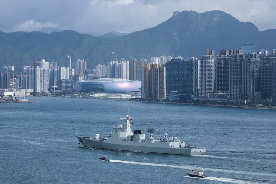 The Chinese People's Liberation Army (PLA) Navy Type 052D guided-missile destroyer Nanning sails into Victoria Harbour in Hong Kong, China, on 2 July 2026.