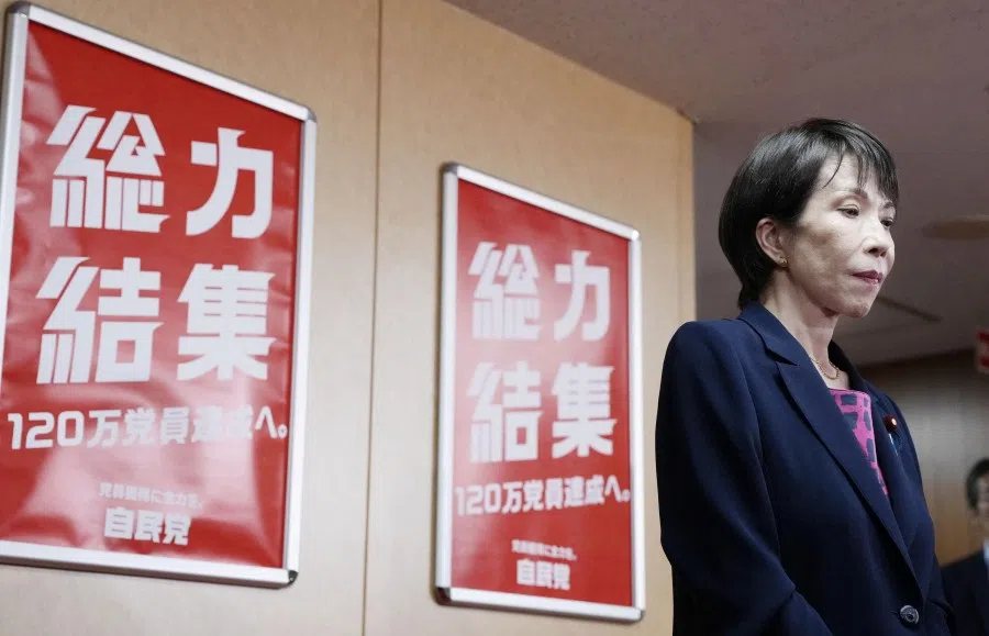 Japan’s Liberal Democratic Party newly elected chief Sanae Takaichi pauses, as she speaks to media, after a meeting with Japan’s Komeito party leader Tetsuo Saito, at the party headquarters in Tokyo, Japan, 10 October 2025, in this photo taken by Kyodo.