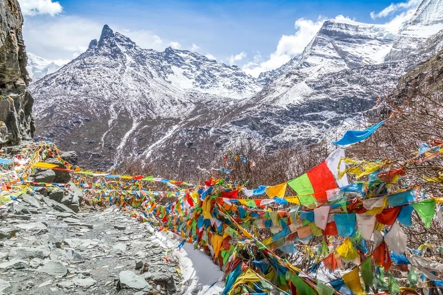 The Buddhist Tibetan prayer flags on the top of mountain in Daocheng, Sichuan province on 7 August 2026.